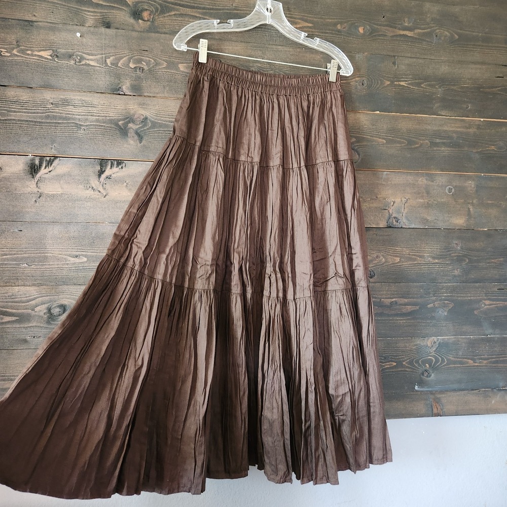 Vtg Tiered Maxi Skirt Women's L Dark Brown Western Cowgirl Gypsy Boho USA Made - Picture 3 of 10